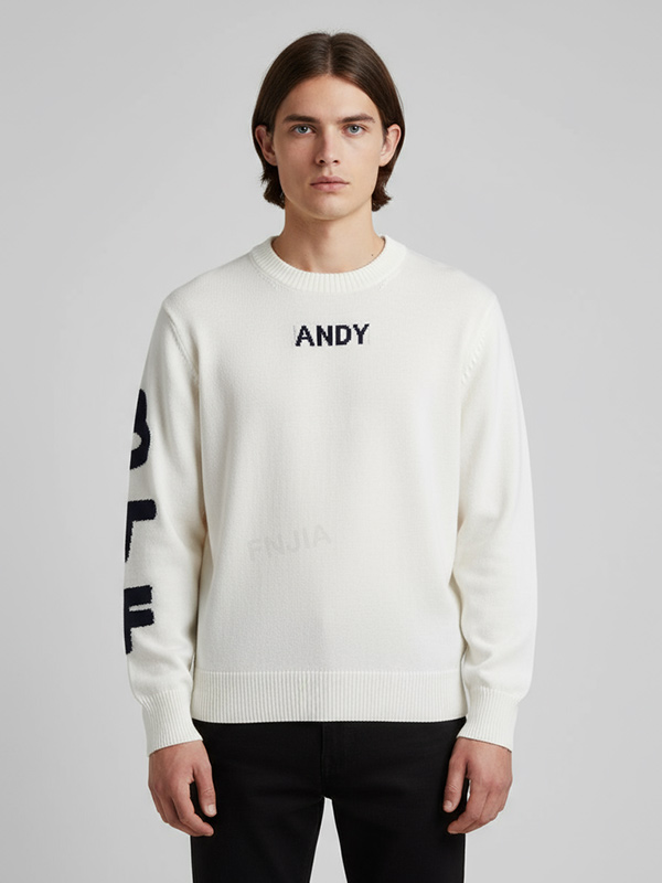 Мужской вязаный свитер с круглым вырезом и рисунком белого и темно-синего цветов - Индивидуальный дизайн оверсайз