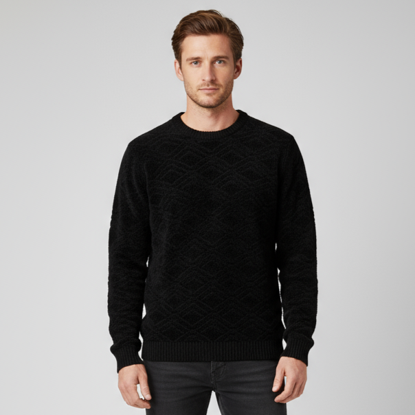 Мужской черный свитер с круглым вырезом из текстурированной вязки с ромбами - Индивидуальный дизайн свободного кроя