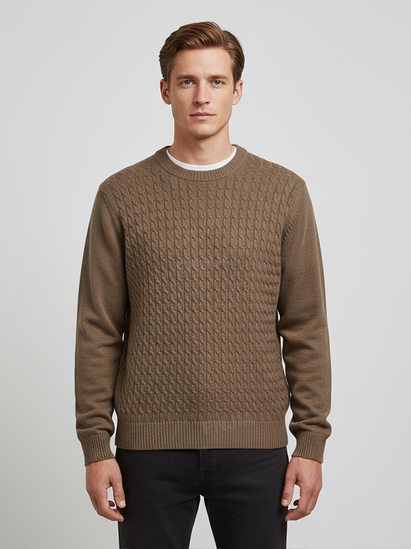 Мужской свитер верблюжьей вязки с круглым вырезом лодочкой - индивидуальный приталенный дизайн