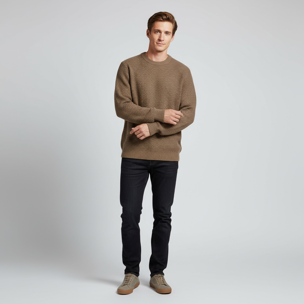 Мужской вязаный свитер с круглым вырезом и текстурой темно-серого цвета - Индивидуальный дизайн свободного кроя