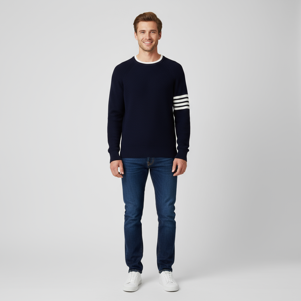 Мужской темно-синий вязаный свитер с круглым вырезом и белыми полосками - Индивидуальный приталенный дизайн