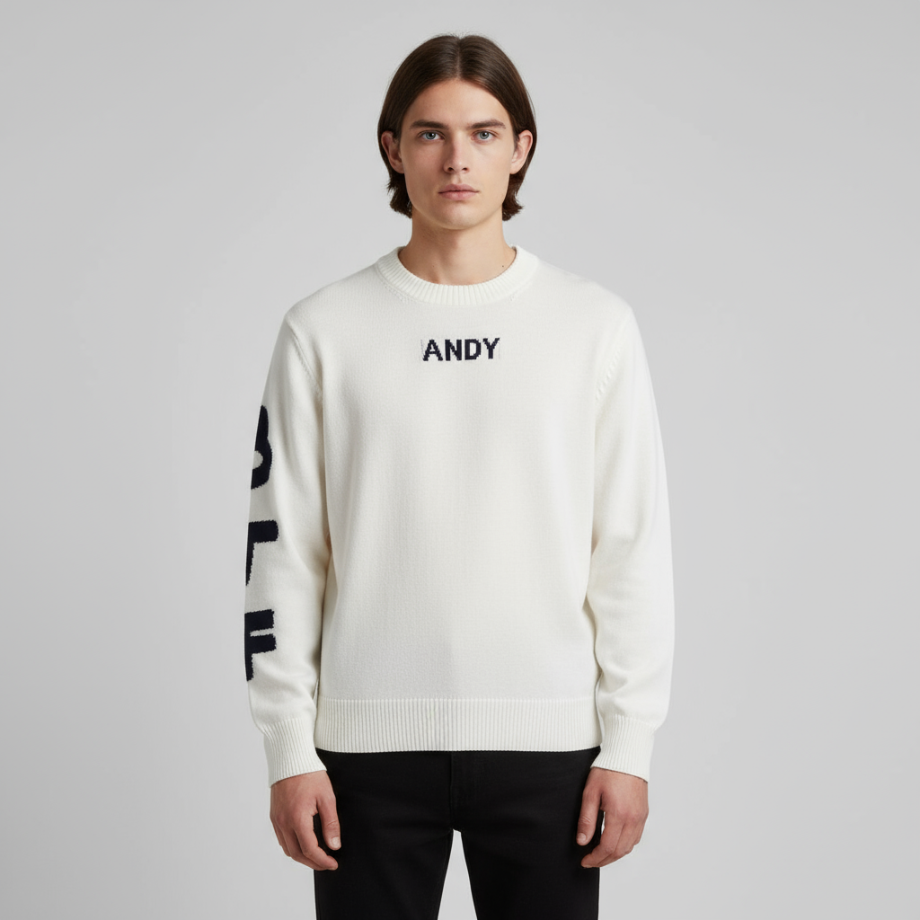 Мужской вязаный свитер с круглым вырезом и рисунком белого и темно-синего цветов - Индивидуальный дизайн оверсайз