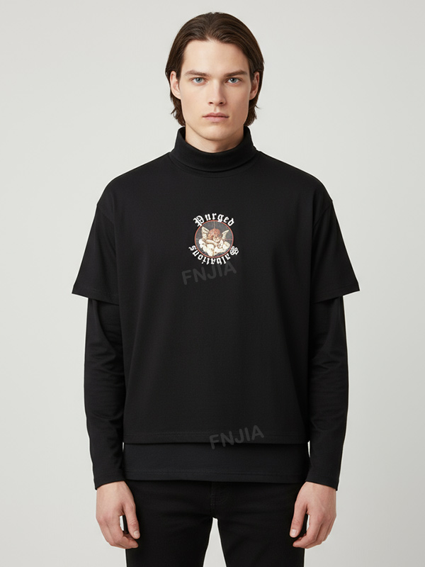 Мужская черная водолазка с многослойным рукавом и графическим принтом - Индивидуальный дизайн уличной одежды