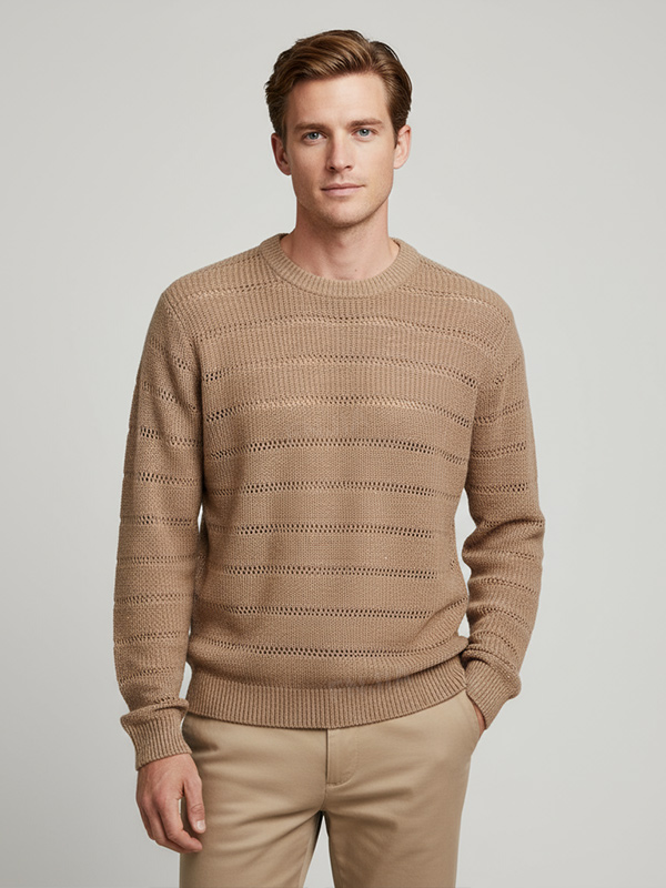 Мужской вязаный свитер Camel с открытой полоской - Индивидуальный дизайн свободного кроя