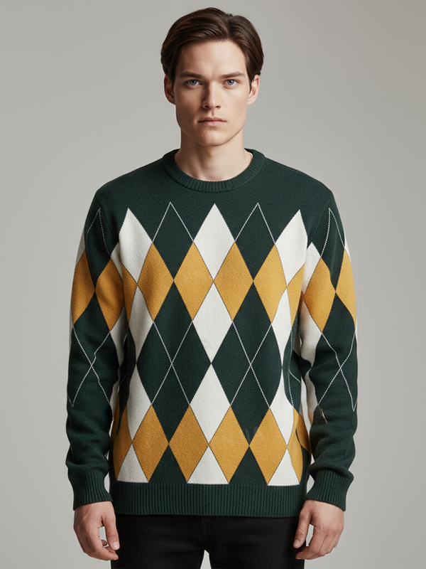 Мужской вязаный свитер с круглым вырезом и рисунком 