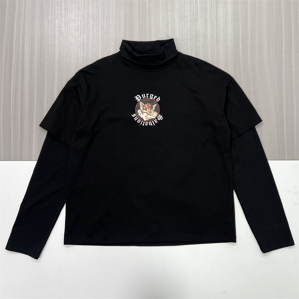 Мужская черная водолазка с многослойным рукавом и графическим принтом - Индивидуальный дизайн уличной одежды