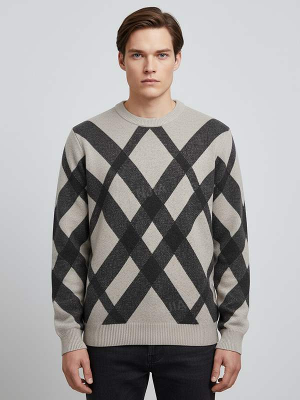 Мужской светло-бежевый и черный вязаный свитер с круглым вырезом в стиле Аргайл - классический дизайн на заказ