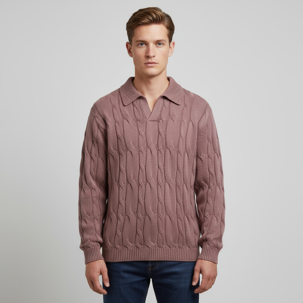 Мужской свитер-поло плотной вязки "Пыльная роза" - Индивидуальный дизайн свободного кроя