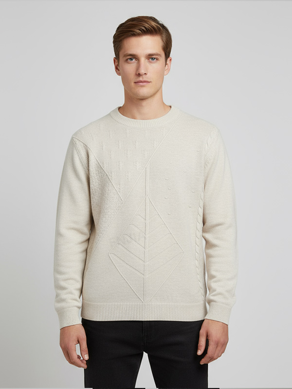 Мужской вязаный свитер с круглым вырезом и текстурой овсяной каши с геометрическими строчками - Индивидуальный приталенный дизайн