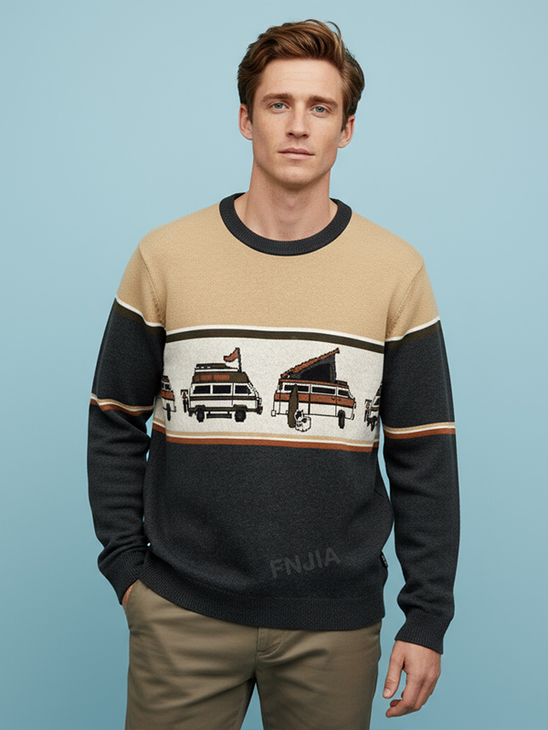 Мужской бежевый и угольный фургон-фургончик-Вязаный свитер с круглым вырезом и рисунком - Индивидуальный тематический дизайн