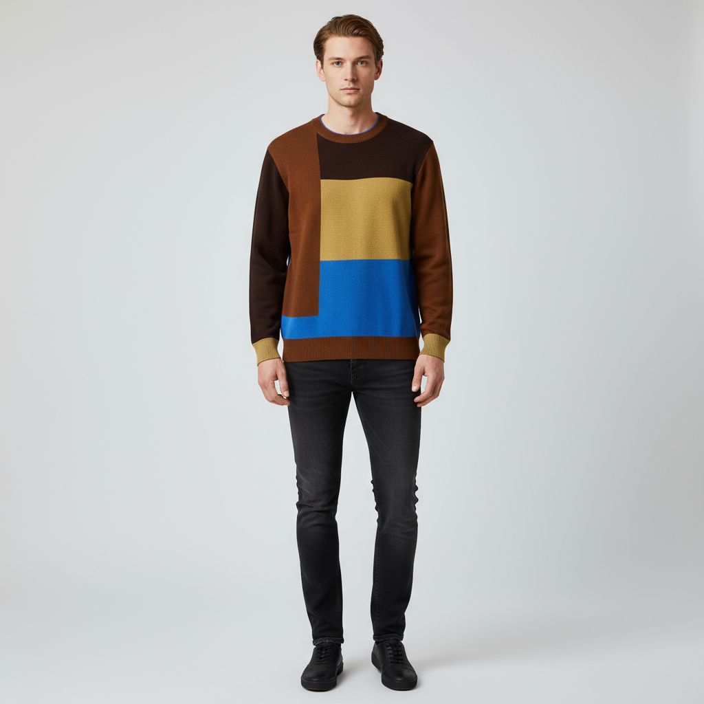 Мужской вязаный свитер с круглым вырезом в клетку в естественных и синих тонах - Индивидуальный дизайн свободного кроя