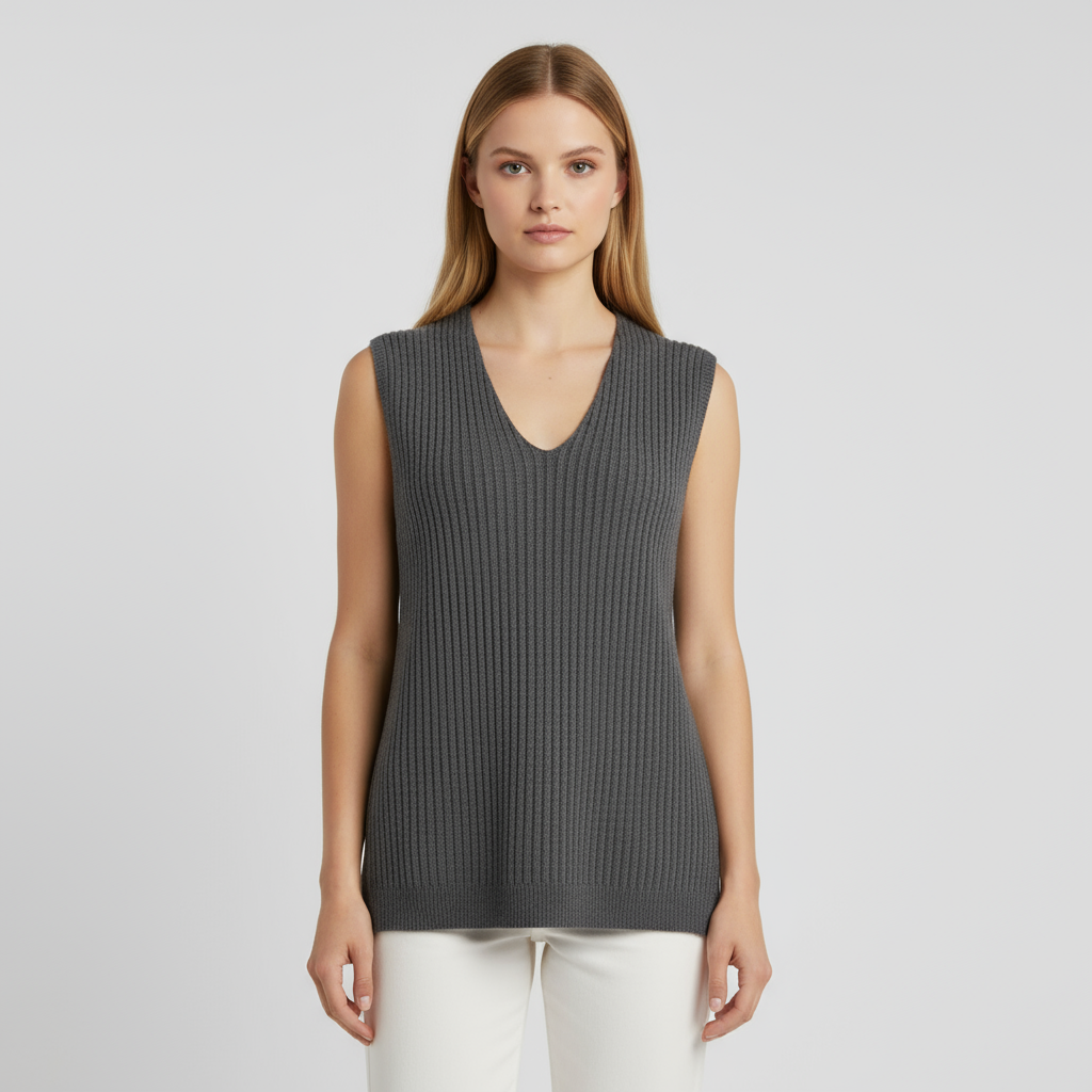 Женский вязаный жилет в рубчик цвета древесного угля с V-образным вырезом - индивидуальный элегантный многослойный дизайн