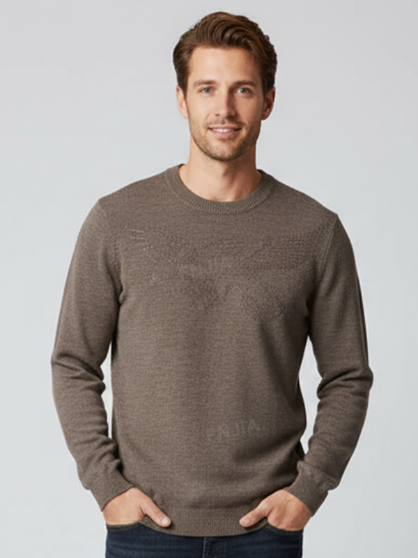 Мужской вязаный свитер с круглым вырезом и рисунком темно-серого цвета - индивидуальный дизайн свободного кроя