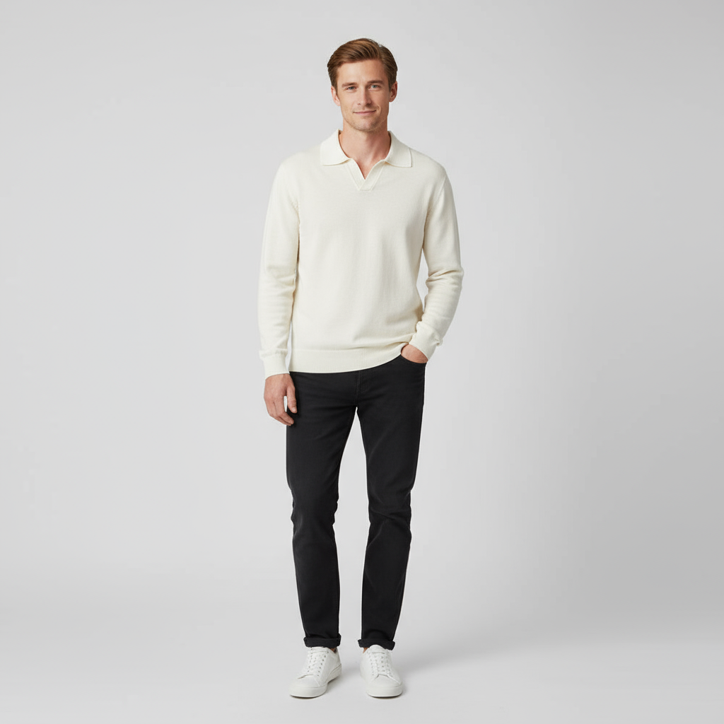 Мужской вязаный свитер поло цвета слоновой кости - Индивидуальный дизайн свободного кроя
