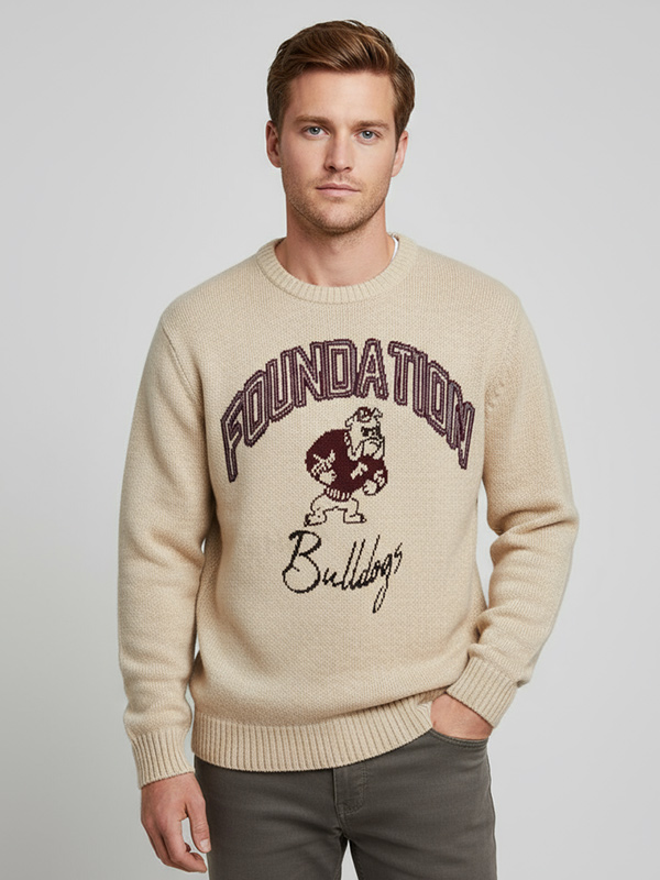 Мужской бежевый свитер вязаный с круглым вырезом 