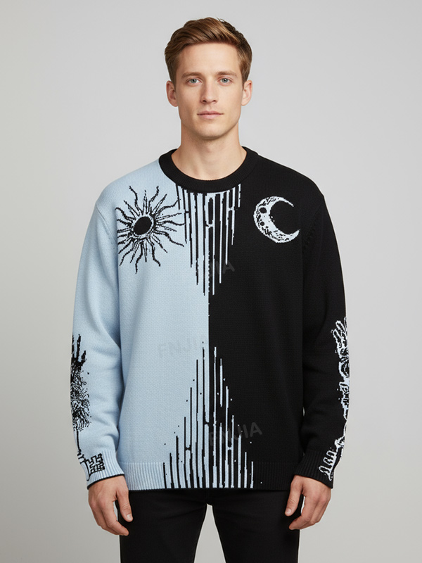 Мужской светло-голубой и черный вязаный свитер оверсайз в стиле Инь-Ян - индивидуальный художественный дизайн