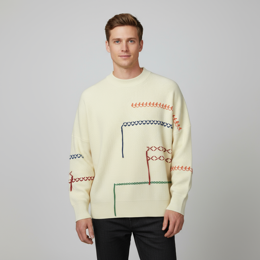 Мужской вязаный свитер оверсайз кремового цвета с яркими деталями в виде стежков - индивидуальный дизайн ручной работы