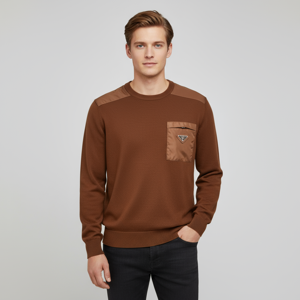 Мужской свитер с круглым вырезом из смешанного материала каштанового цвета с индивидуальными вставками и карманами