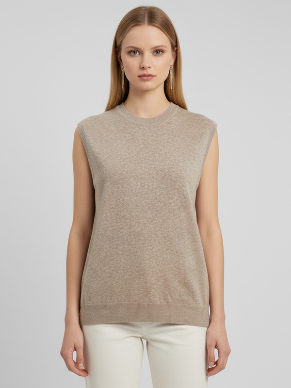 Женский бежевый вязаный жилет с круглым вырезом под мрамор - универсальный многослойный дизайн на заказ