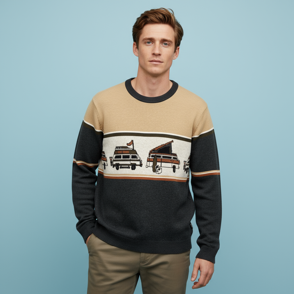 Мужской бежевый и угольный фургон-фургончик-Вязаный свитер с круглым вырезом и рисунком - Индивидуальный тематический дизайн