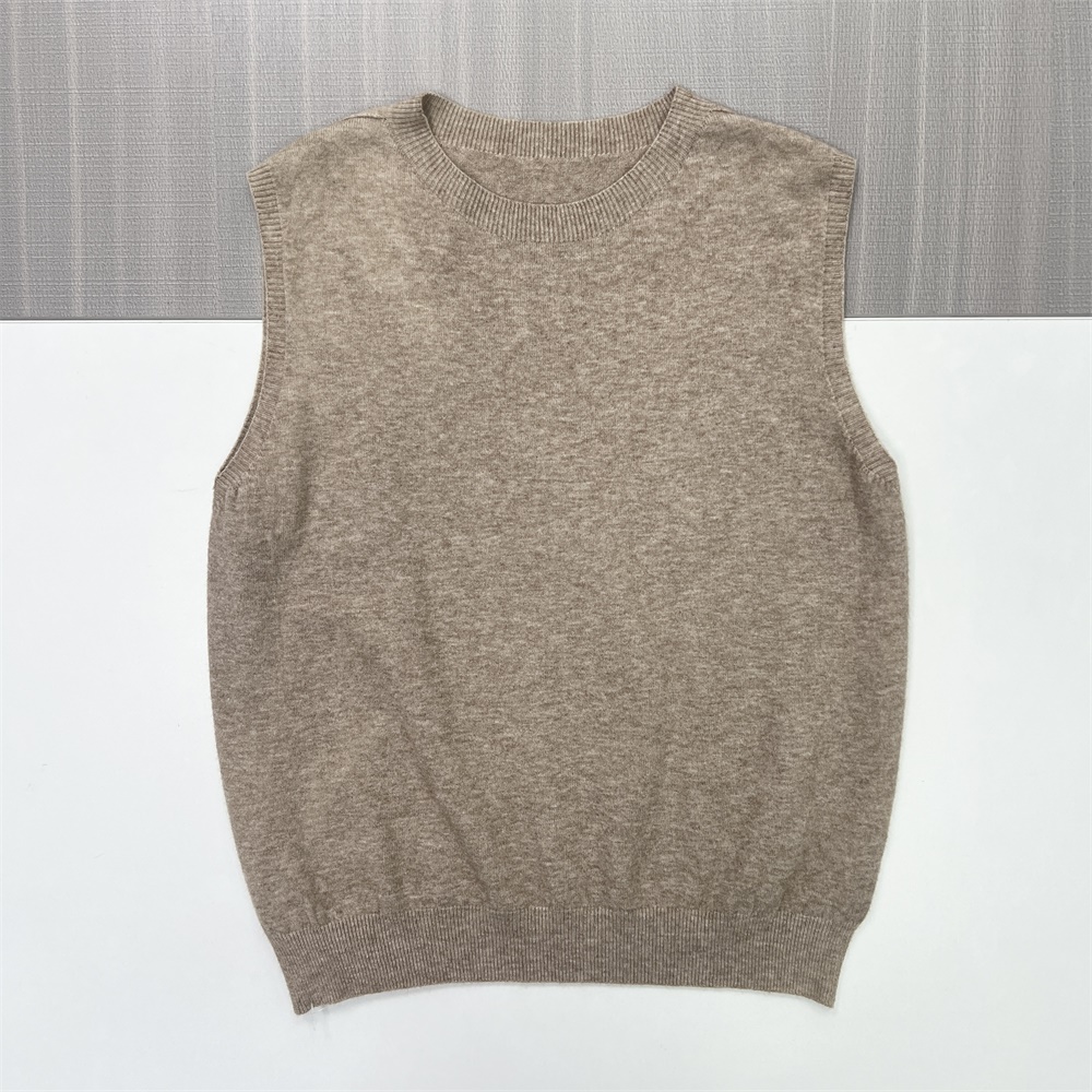 Женский бежевый вязаный жилет с круглым вырезом под мрамор - универсальный многослойный дизайн на заказ