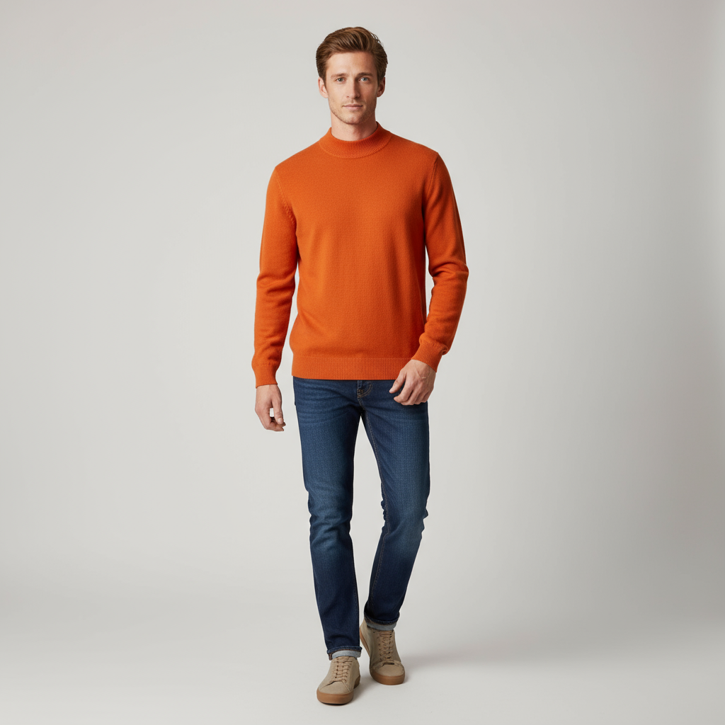 Мужской минималистичный вязаный свитер с имитацией шеи цвета жженого апельсина - Индивидуальный современный дизайн