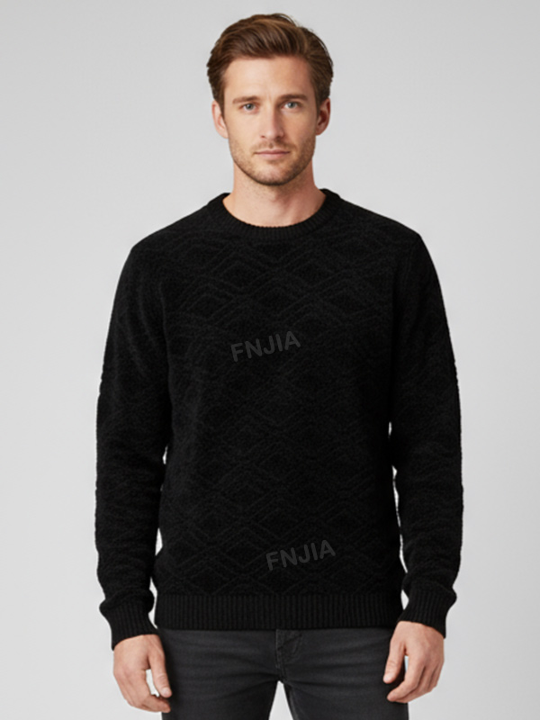 Мужской черный свитер с круглым вырезом из текстурированной вязки с ромбами - Индивидуальный дизайн свободного кроя