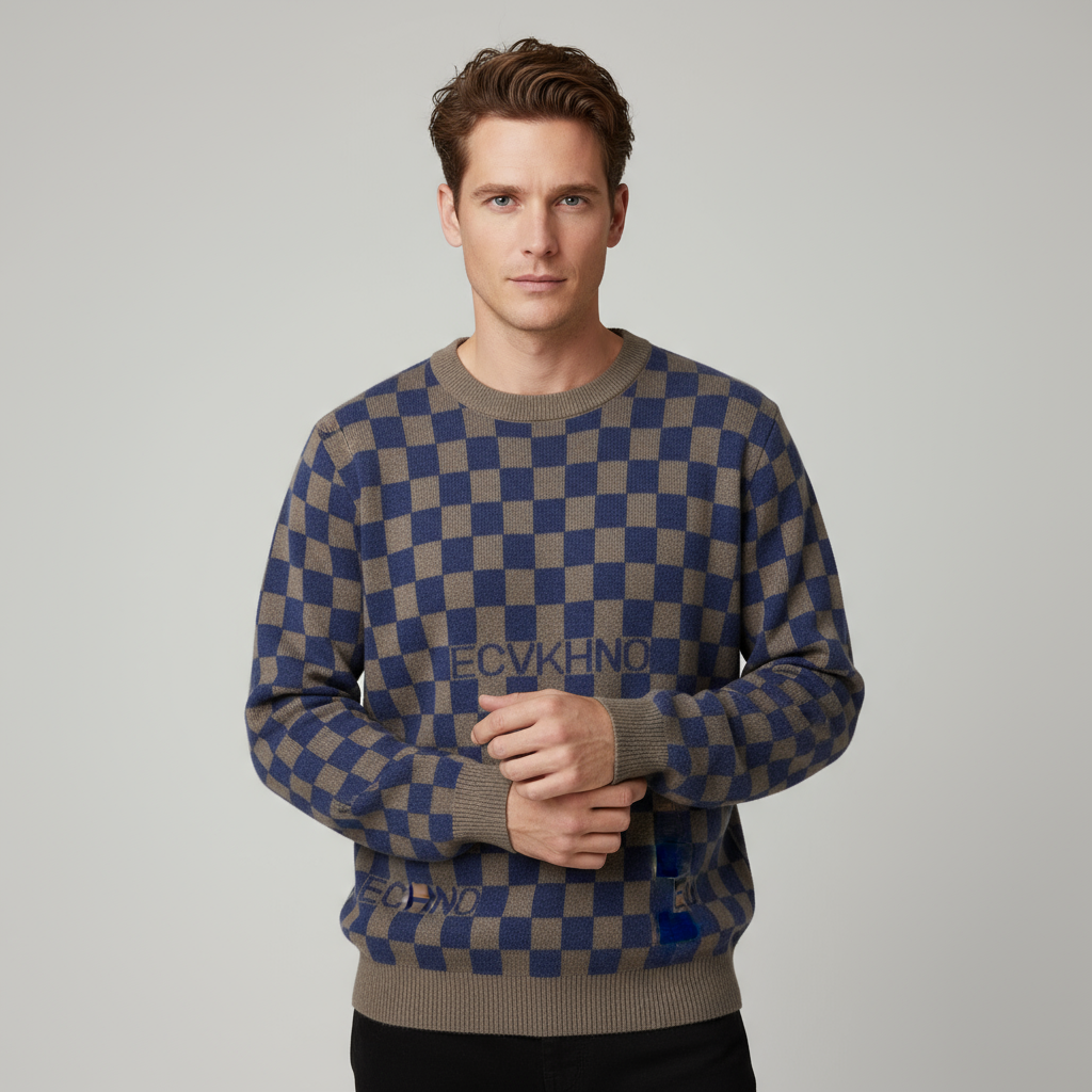 Мужской вязаный свитер с круглым вырезом в голубую и серо-коричневую клетку с графическим рисунком - Индивидуальный смелый дизайн