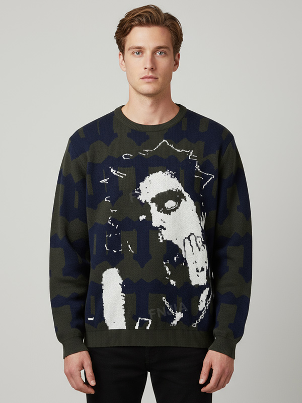 Мужской вязаный свитер темно-синего и оливкового цветов с графическим принтом персонажей - Индивидуальный дизайн оверсайз