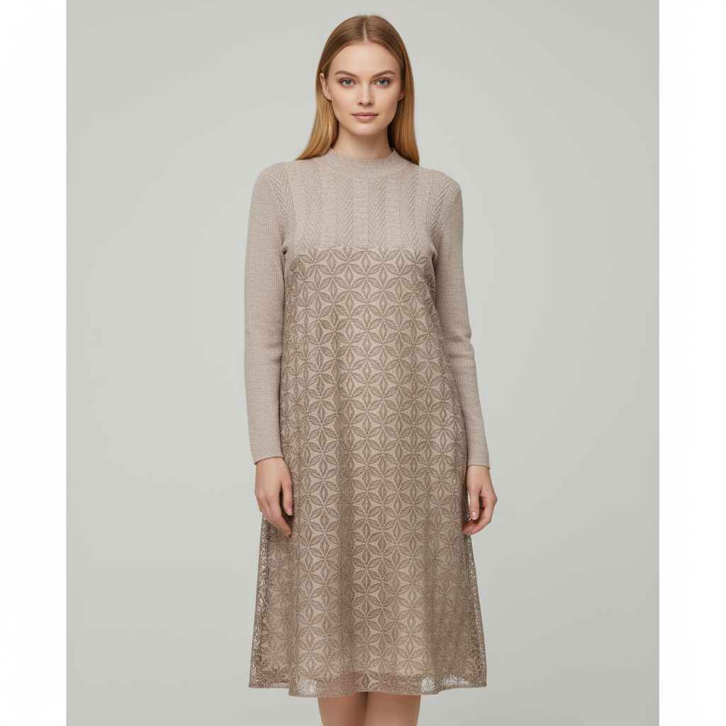 Женское бежевое платье миди из текстурированного трикотажа со вставками - элегантный дизайн с индивидуальным рисунком