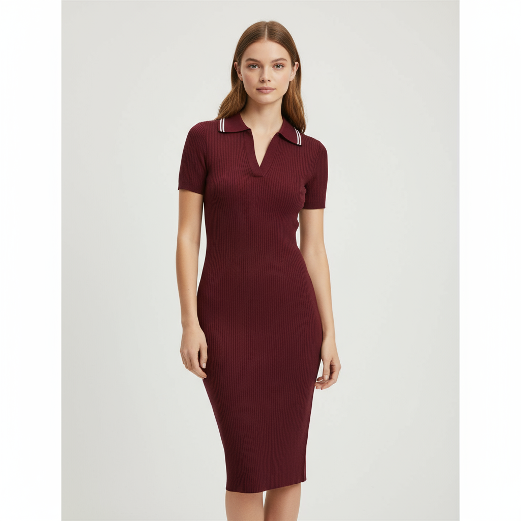 Женское бордовое трикотажное миди-платье-поло в рубчик с воротником-стойкой - приталенный элегантный дизайн, выполненный на заказ