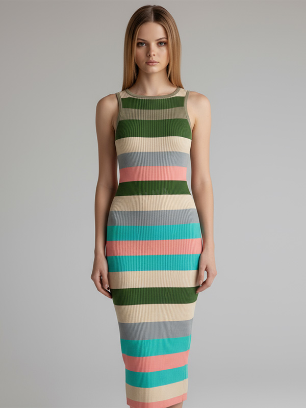 Женское макси-платье в рубчик без рукавов в разноцветную полоску - индивидуальный яркий дизайн, облегающий фигуру
