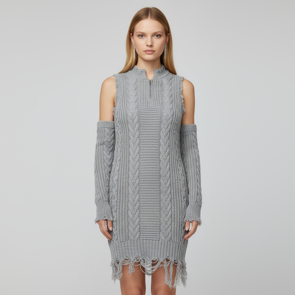 Женское серое мини-платье из трикотажа-канта с открытыми плечами и бахромой - необычный дизайн одежды