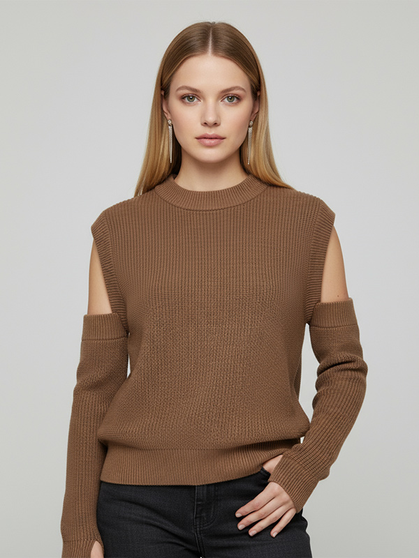 Женский вязаный топ верблюжьего цвета в рубчик с открытыми плечами и съемным рукавом - Индивидуальный модульный дизайн