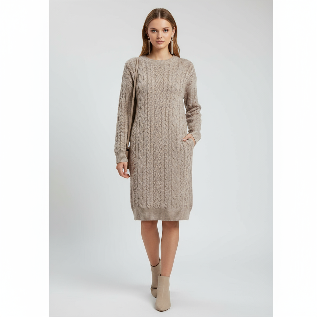 Женское бежевое миди-платье из трикотажа с круглым вырезом - индивидуальный уютный классический дизайн
