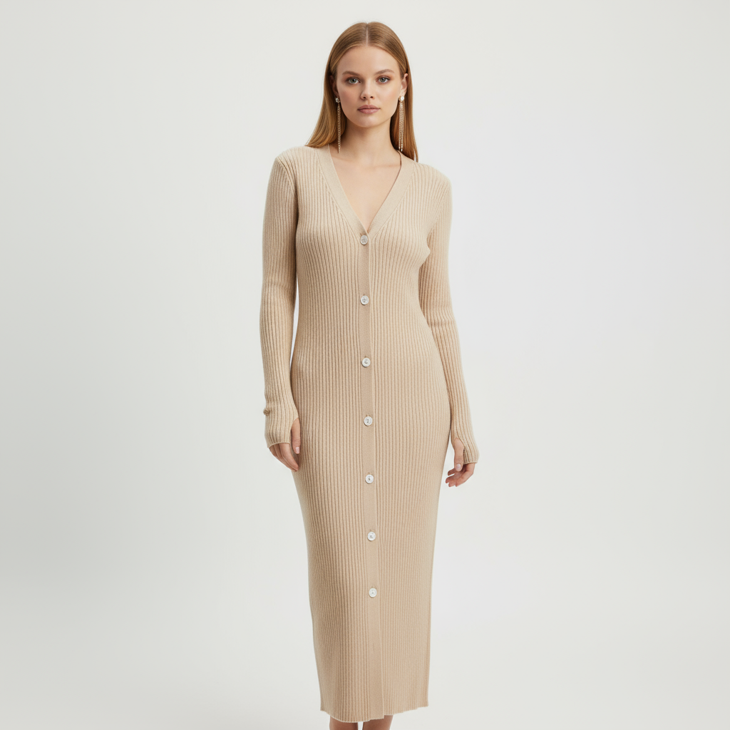 Женское бежевое макси-платье в рубчик с V-образным вырезом и пуговицами спереди - Приталенный элегантный дизайн на заказ