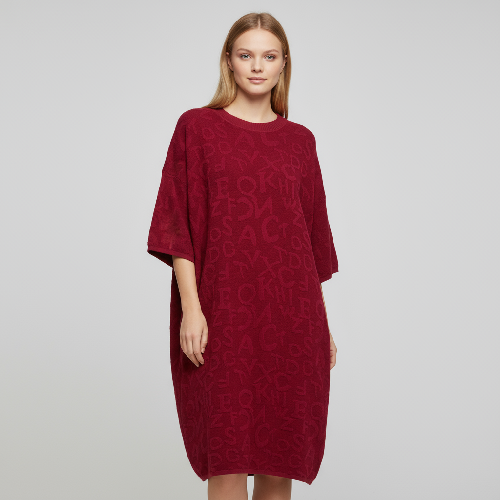 Женское мини-платье оверсайз из трикотажа бордового цвета с типографским рисунком - индивидуальный современный дизайн