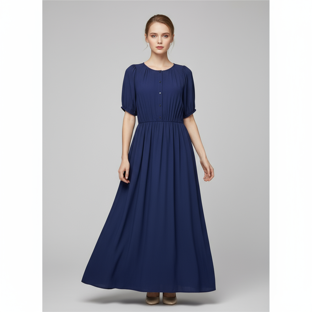 Женское макси-платье темно-синего цвета с присборенной талией и пышными рукавами - индивидуальный элегантный Универсальный дизайн