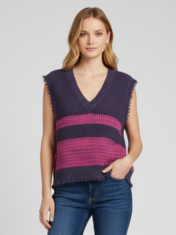 Женский вязаный жилет без рукавов в сливовую и пурпурную полоску из потертого трикотажа - Оригинальный дизайн