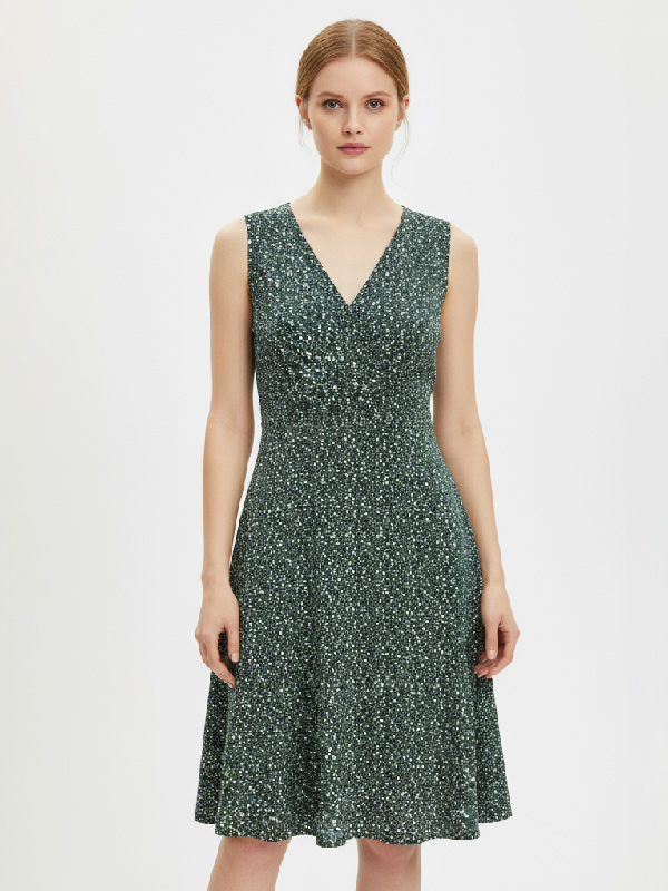Женское мини-платье без рукавов с V-образным вырезом и цветочным принтом цвета лесной зелени - индивидуальный женственный повседневный дизайн