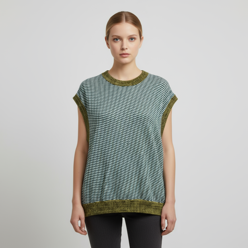 Женский вязаный топ без рукавов в бирюзовую и оливковую волнистую полоску - Индивидуальный дизайн с контрастной отделкой