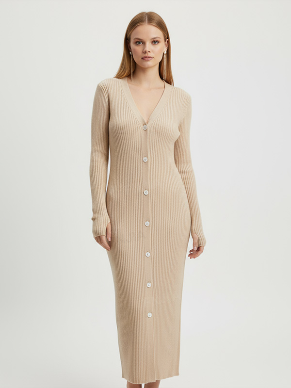 Женское бежевое макси-платье в рубчик с V-образным вырезом и пуговицами спереди - Приталенный элегантный дизайн на заказ