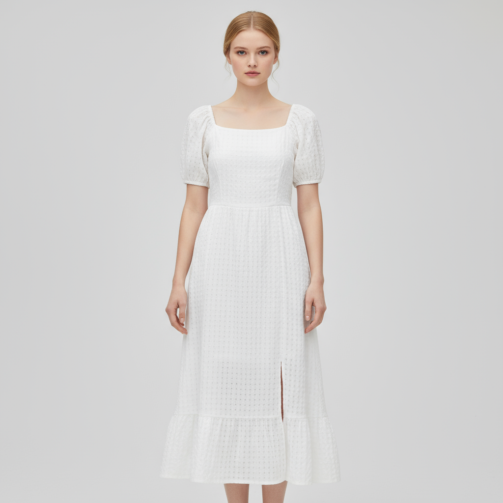 Женское белое текстурированное платье миди с квадратным вырезом и пышными рукавами - индивидуальный романтический элегантный дизайн