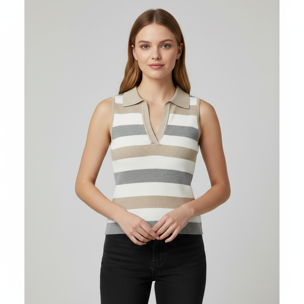 Женский трикотажный топ-поло в нейтральную полоску с воротником-стойкой без рукавов - индивидуальный приталенный дизайн