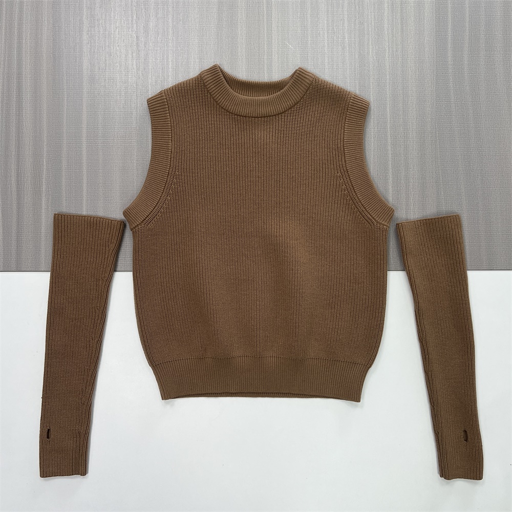Женский вязаный топ верблюжьего цвета в рубчик с открытыми плечами и съемным рукавом - Индивидуальный модульный дизайн