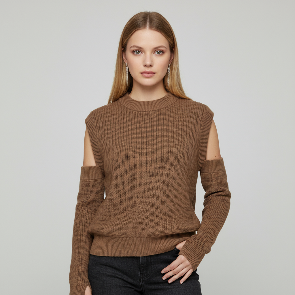 Женский вязаный топ верблюжьего цвета в рубчик с открытыми плечами и съемным рукавом - Индивидуальный модульный дизайн