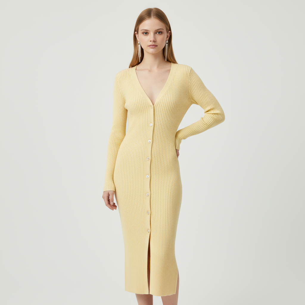 Женское лимонно-желтое миди-платье в рубчик с V-образным вырезом и пуговицами спереди - Приталенный стильный дизайн на заказ