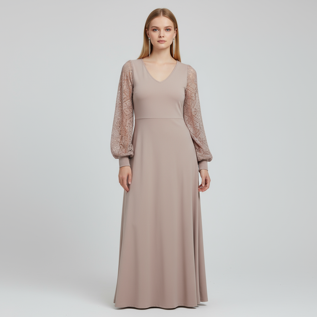 Женское бежевое макси-платье с кружевными рукавами и V-образным вырезом - элегантный дизайн с панелями на заказ