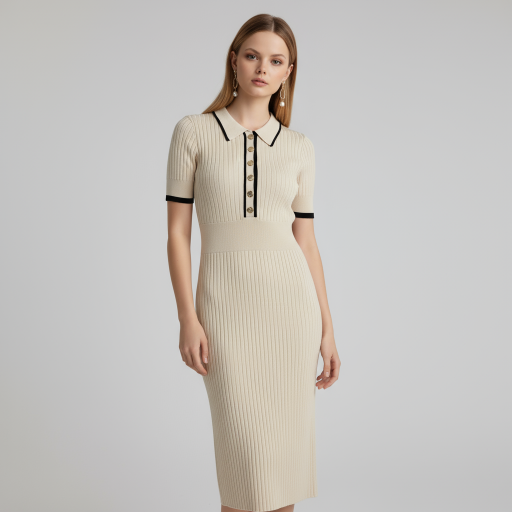 Женское бежевое миди-платье в рубчик с контрастным воротником-стойкой - элегантный приталенный дизайн на заказ
