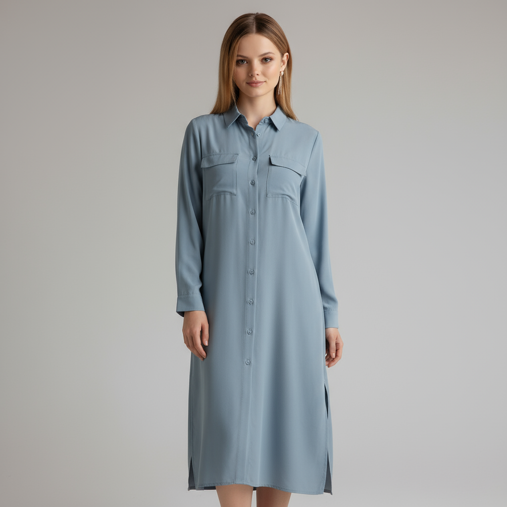 Женское платье-рубашка пыльно-синего цвета с нагрудными карманами - индивидуальный непринужденный элегантный дизайн